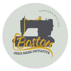 The Boston Area Mask Initiative logo featuring the silhouette of a grey sewing machine over a green background with yellow text. Picture