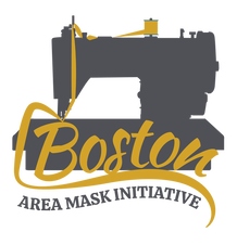 The Boston Area Mask Initiative logo featuring the silhouette of a grey sewing machine with yellow text. 
